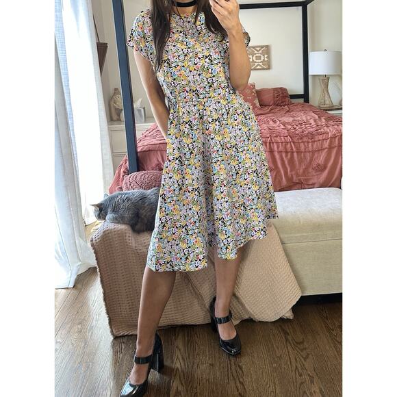 60’s Expertly Handmade Black Floral Handmade Dress Pockets Elastic Waist - Picture 2 of 8